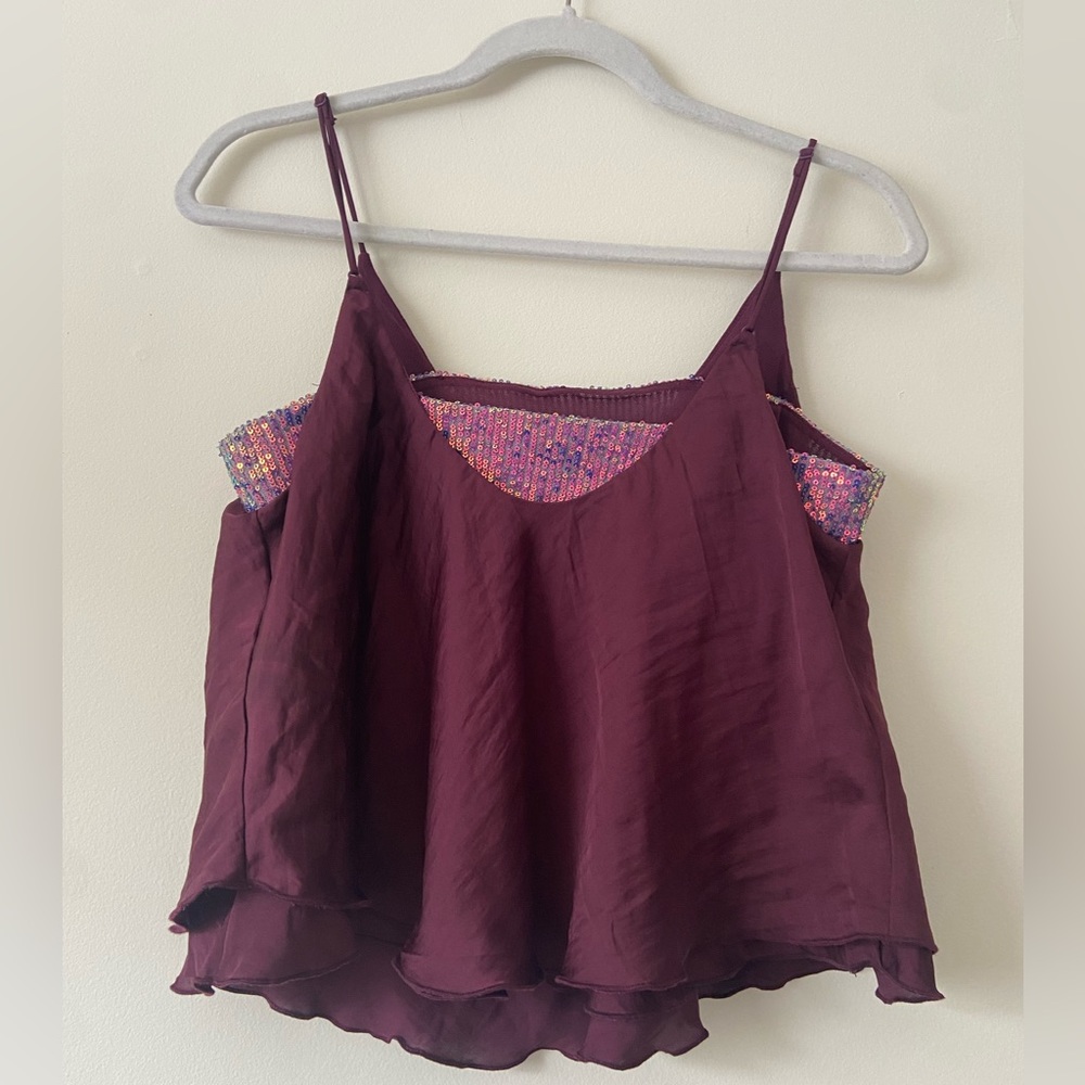Free People Turn It On Camisole in Plum Vetiver Bloom Cropped Sequin Top Sz S